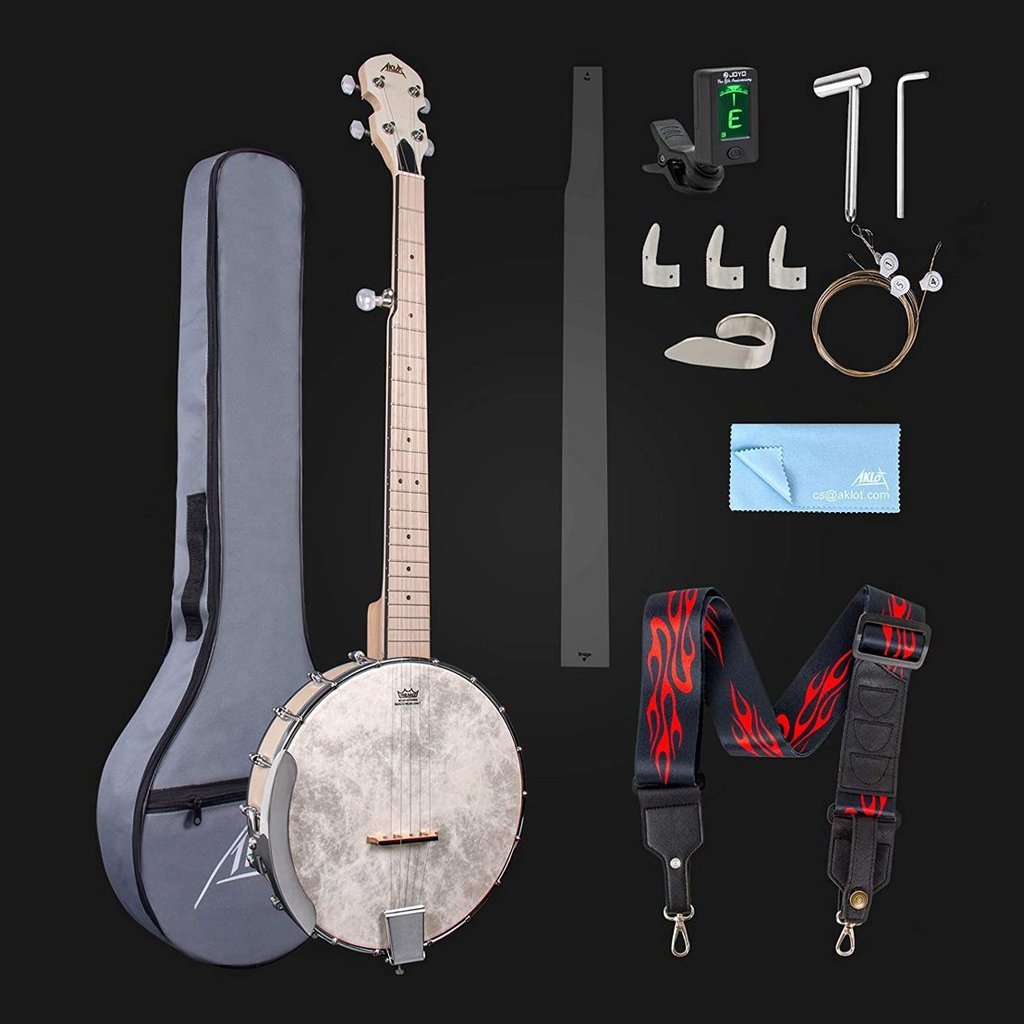 5 String Banjo, Adjustable Full Size Maple Banjo Open Back Remo Head with 2 Tuning Wrench 4 Picks Strings Tuner Strap Ruler Cleaning Cloth Gig Bag for New Beginners Professionals - AKLOT