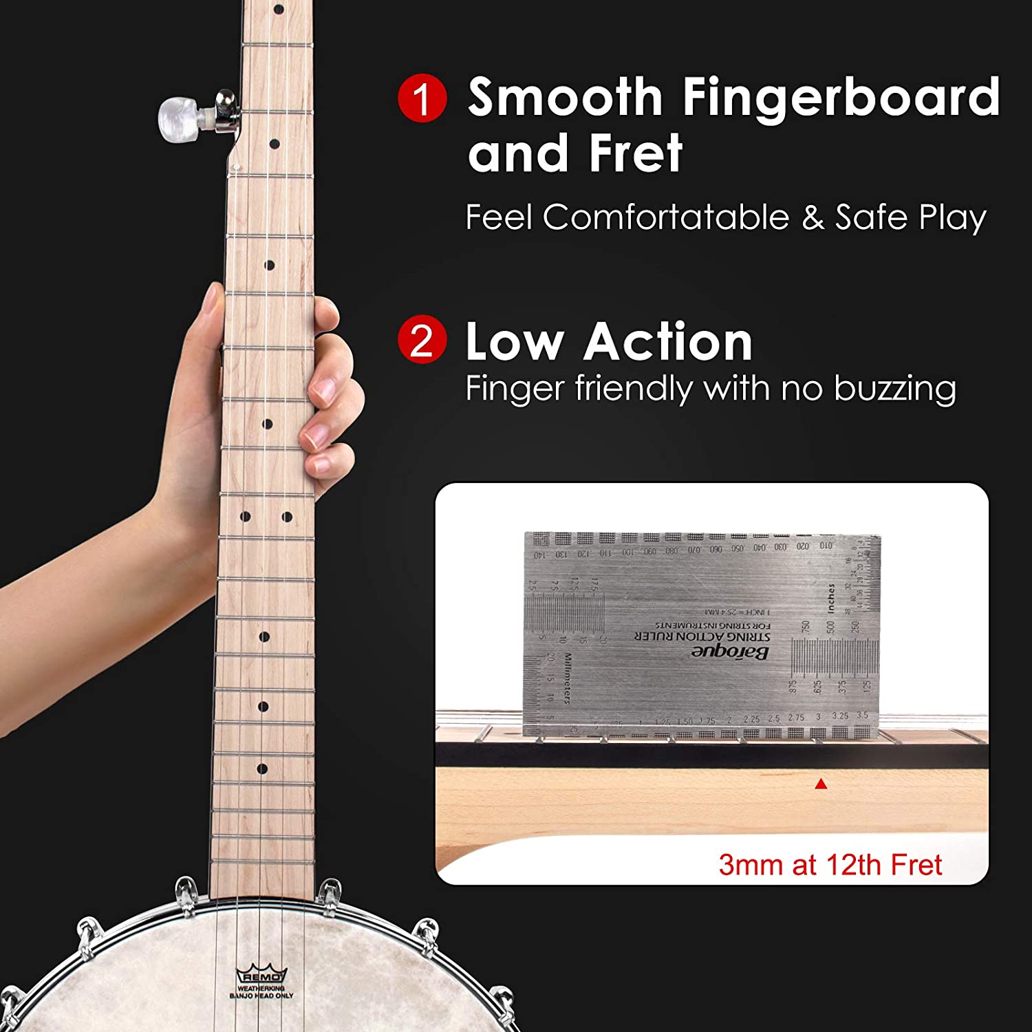 5 String Banjo, Adjustable Full Size Maple Banjo Open Back Remo Head with 2 Tuning Wrench 4 Picks Strings Tuner Strap Ruler Cleaning Cloth Gig Bag for New Beginners Professionals - AKLOT