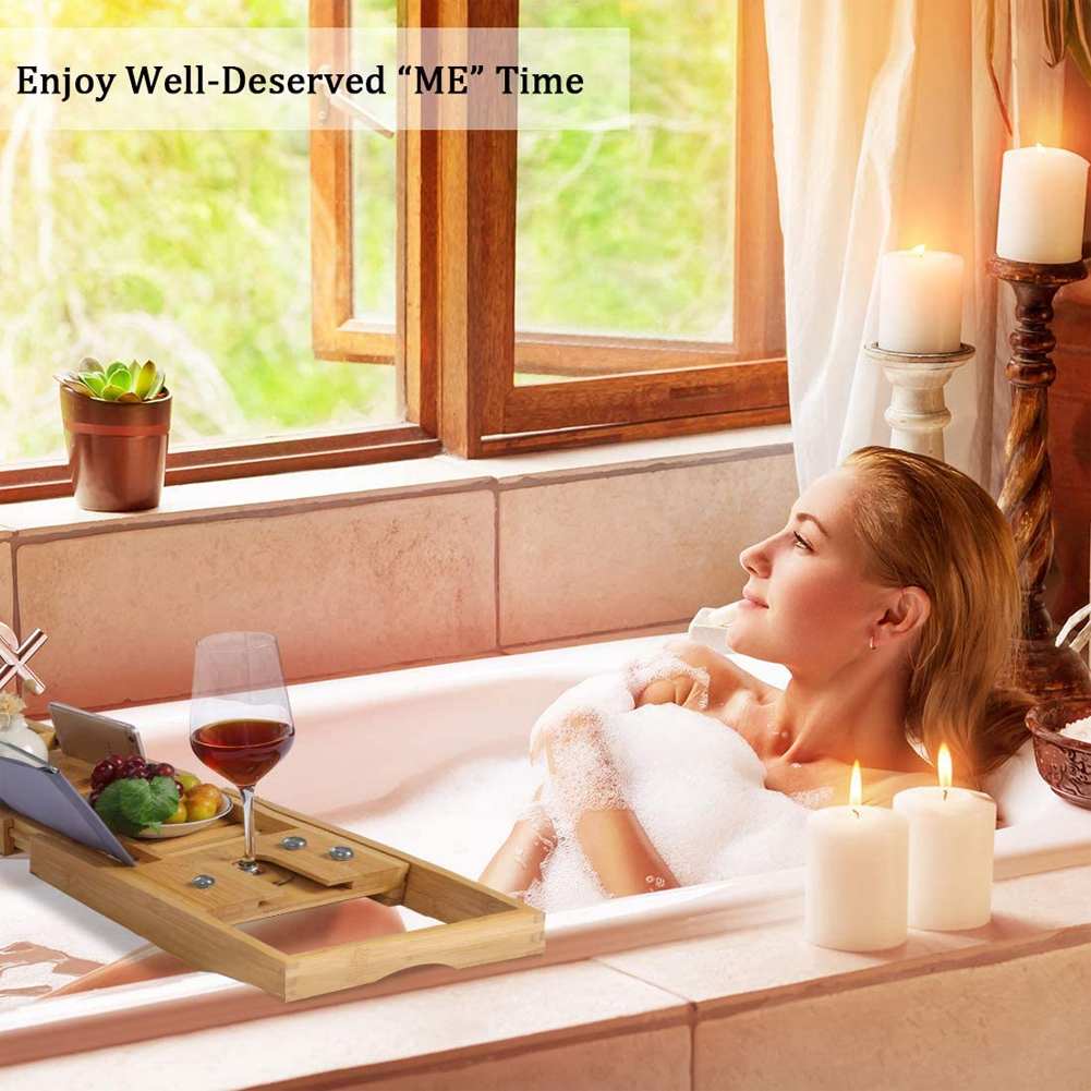 Extendable Bamboo Bath Caddy Tray Adjustable Home Spa Wooden Bathtub Tray Book Wine Tablet Holder Reading Rack