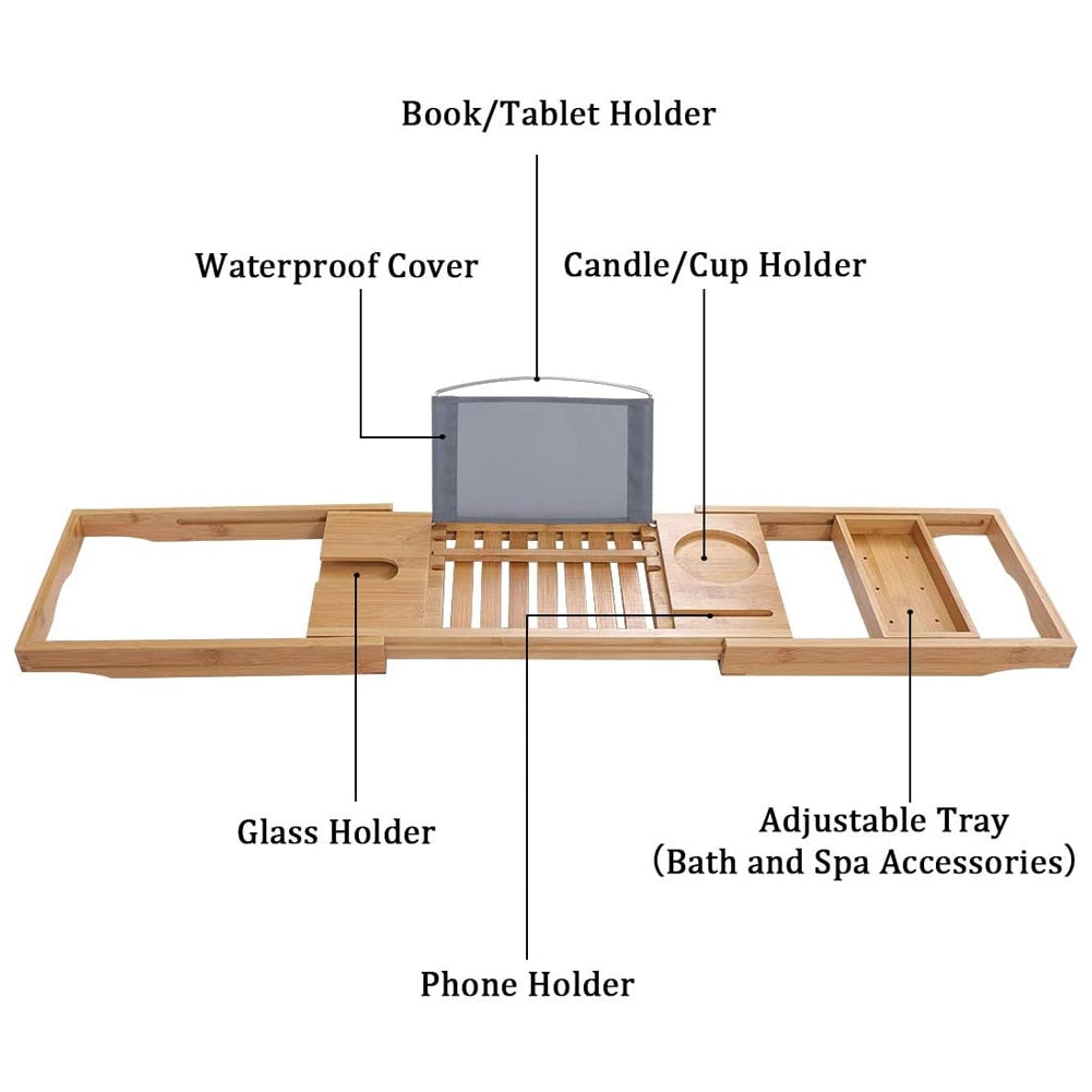 Extendable Bamboo Bath Caddy Tray Adjustable Home Spa Wooden Bathtub Tray Book Wine Tablet Holder Reading Rack